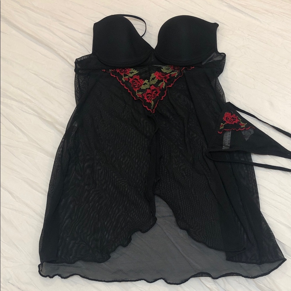Black Lingerie Set with Red Floral Embroidery